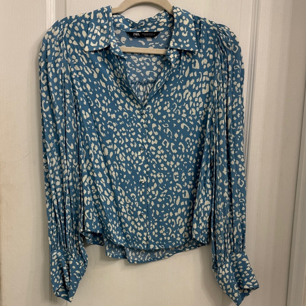 Zara Teal and Cream Women's Blouse